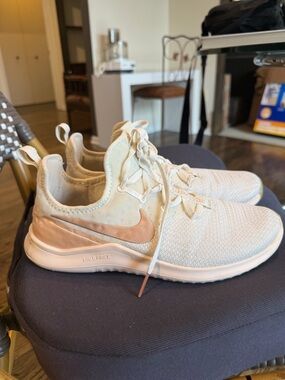 Nike Beige Knit Running Sneakers with Rose Swoosh